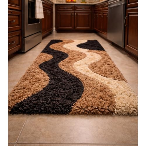 Image of 2x10 feet Shaggy Polyester Abstract Modern Area Rug - 2 Inch High Pile Ultra Soft Plush Carpet for Living Room, Bedroom & Kids Room, Thick Fluffy Rug for Indian Home Decor D - Rectangular