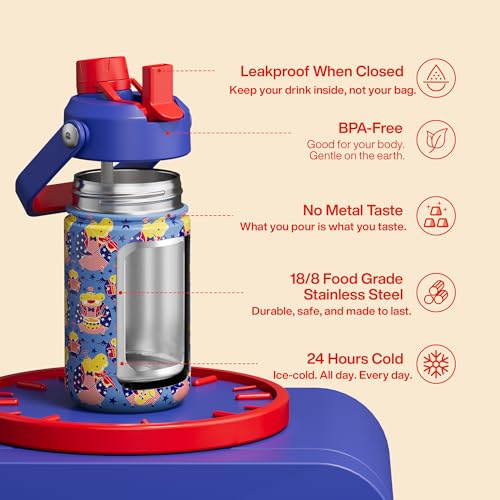 Image of Kids Insualated Water Bottle with Straw,12oz Stainless Steel Water Bottle with Dual Spouts, Leak-Proof,BPA-Free,Double Wall Vacuum Keeps Cold for 24 Hours for Sports,Travel,School (Blue Hippo Parade)