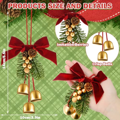 Daifunli 2 Pcs Christmas Wreath Bows with Jingle Bells and Pinecone Hanging Christmas Tree Topper Xmas Bow Pine Cones with Bell Pendant Decorative Bows Ornament for Party Decoration Kitchen Cabinet