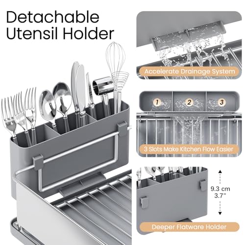Dish Drying Rack Large Capacity - Stainless Steel Dish Rack for Kitchen Counter with Drain Board, Rustproof Dish Drainer with Auto Drain Spout Utensil Holder Glass Holder, Dinnerware Organizer, Gray - Thumbnail 6