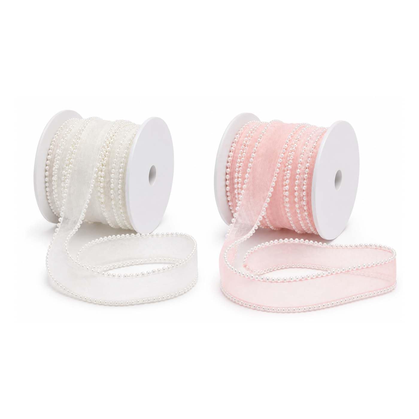 Combo of (3 Meter X 3 Cm) White & Pink Multi-Purpose Organza Ribbon with Pearl Edge, Sheer Fabric Ribbon with Pearl Bead Borders, for Gift Wrapping, Wedding Decorations, Floral Arrangements, Diys-image-16
