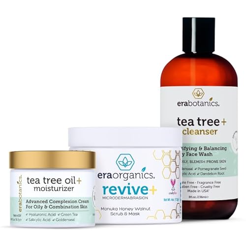 Era Organics Tea Tree Skincare Trio – Tea Tree Cream, Cleanser & Microdermabrasion Face Scrub for Oily, Blemish-Prone Skin – Cleanse & Balance Your Skin With Non-Toxic, Plant-Based Skin Care