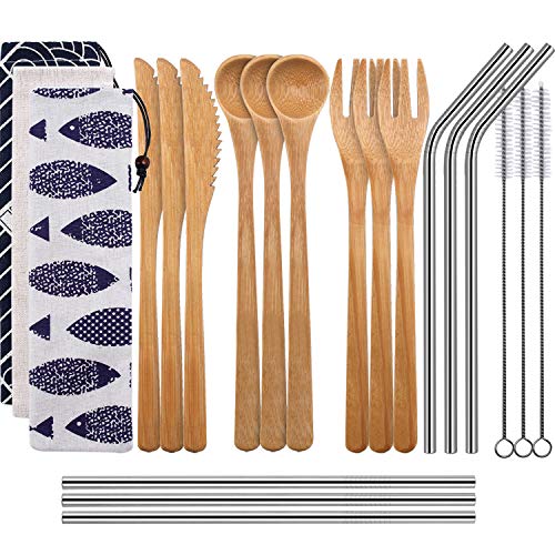 Sunshane Bamboo Travel Utensils Reusable Bamboo Cutlery Flatware Set Include Fork Spoon Knife Metal Straw Clean Brush with Carrying Bag (3 Set, Color Set 7)