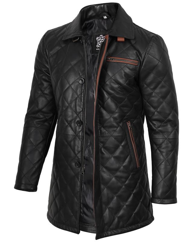 Blingsoul Real Lambskin Long Leather Jacket Men - Mid-Length Mens Leather Coat