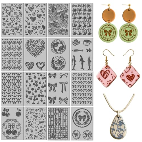 Image of 16 Sheets 16 Styles Mixed Textures Polymer Clay Texture Mat Bows Clay Modeling Pattern Pad Waves Texture Sheets for Making Earrings Jewerly Tools, 4x2.6 inch
