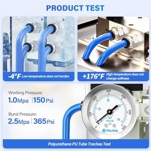Image of TAILONZ PNEUMATIC Blue 4MM or 5 /32 Inch OD 10 Meter 32.8ft PU Polyurethane Air Tubing Kit Pipe Hose Air Line Tubing Air Hose Fittings Push to Connect Fittings(29PCS)