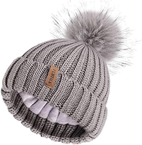 Grey beanie hat with pom pom Clearance