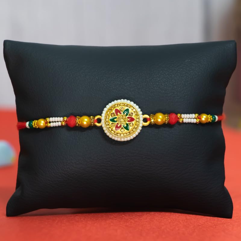 Image of Canton Rakhi With Chocolate Gift Combo, Pack of 3 Designer Rakhii For Brother With Chocolate Gift, Roli & Greeting Card (Design-17, Rakhi With Cadbury)