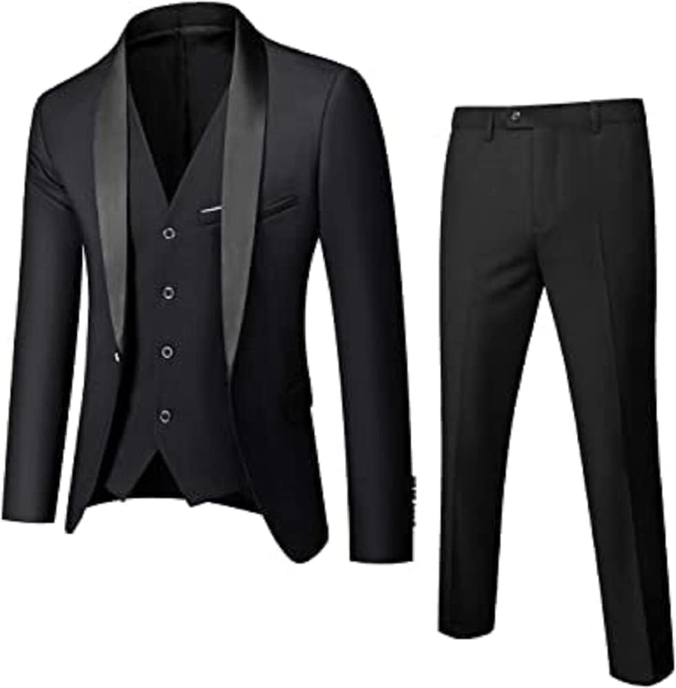 Mens 3 PCS Slim Fit Suit 15 Colors Shawl Lapel Blazer Vest Pants Work Wedding Suits Set