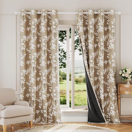 Image of BFAM Floral Print 100% Blackout Curtain with Black Linning at Back, Floral Print Curtains for Living Room /Bedroom Thermal Insulated Energey Saving Blossom Curtain, Pack of 1 Curtain