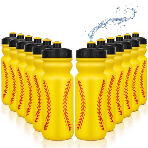 Nitial 12 Pack Water Bottles Bulk 20 oz Reusable Squeeze Water Bottles Plastic Sports Bottle with Pull Top Cap Sports Gifts Tumbler for Travel Gym Sport Party Supplies(Yellow Softball)