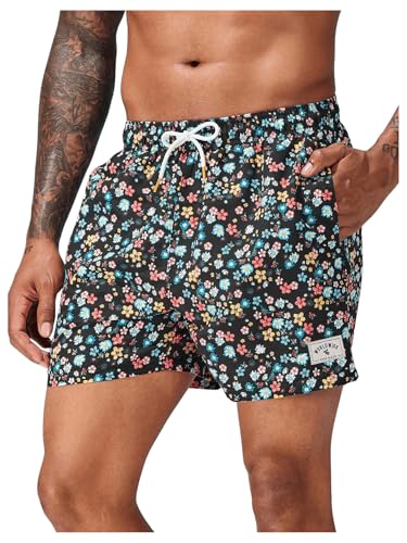 SOLY HUX Swim Trunks for Men Ditsy Floral Print Drawstring Swim Shorts Bathing Suits with Pockets