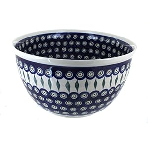 Blue Rose Polish Pottery Peacock Large Mixing Bowl