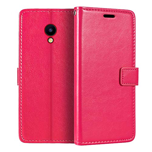 Shantime Lederhülle Kompatibel mit Meizu M5C, Business Design Magnetische Klapphülle, 3 Kartenfächer, Foto & Geheimfach(Rosenrot)