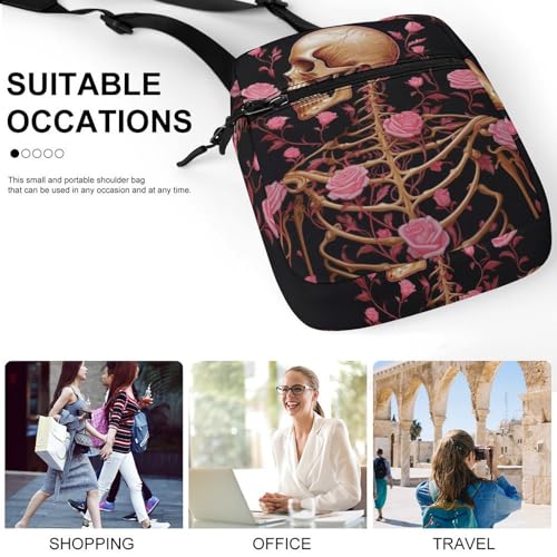 Satchel Tote Bag Messenger Bag Skeleton with Roses Printed Mini Sling Bag Purse Suitable for Work Travel4