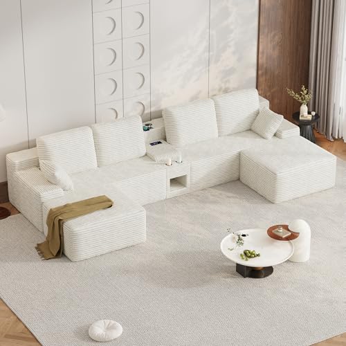 Image of 150 inch Oversized U-Shaped Modular Sectional Sofa | Multi Functional Console,Wireless Charging,6-Seater Upholstered Couch with USB and 2 Cup Holder,Easy Assembly,for Living Room