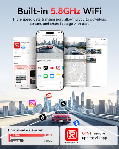 Image of REDTIGER 4K+1080P Front and Rear Dash Cam for Car, 5.8GHz WiFi APP, GPS, 2.2''Mini Touch Screen, Voice Control, Built-in 64GB Card, Loop Recording, 24H Parking Mode(A4)