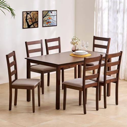 Image of Home Centre 6 Seater Lia Rubber Wood Dining Set | Rubber Wood Dining Table with 6 Cushion Chair | (Brown) | 1 Year Warranty