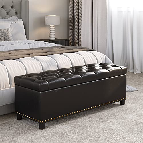 Image of BELLEZE Storage Ottoman, Tufted Ottoman with Close Hinge, Foot Rest for Living Room (Dark Brown, 47 inch)