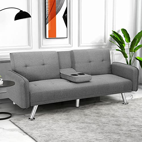 Futon Sofa Bed, Convertible Couch with 2 Cup...