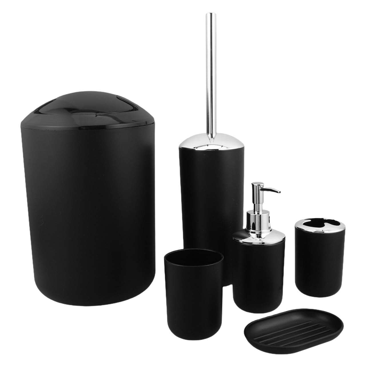 Beaupretty Conjunto de Accesorios de Baño con Dispensador de Jabón Negro de 6 Piezas en Plástico Resistente Humedad Porta Cepillos y Papelera para Hogar Elegante