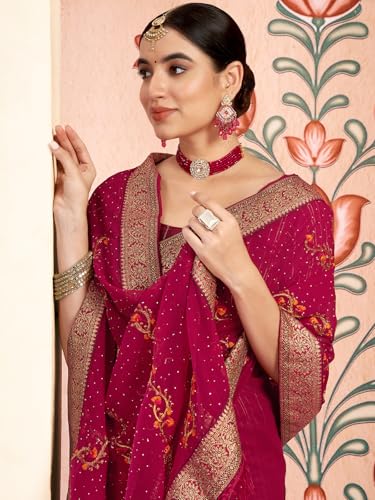 Image of Satrani Women's Georgette Embroidery & Stone Work Saree with Unstitched Blouse Piece