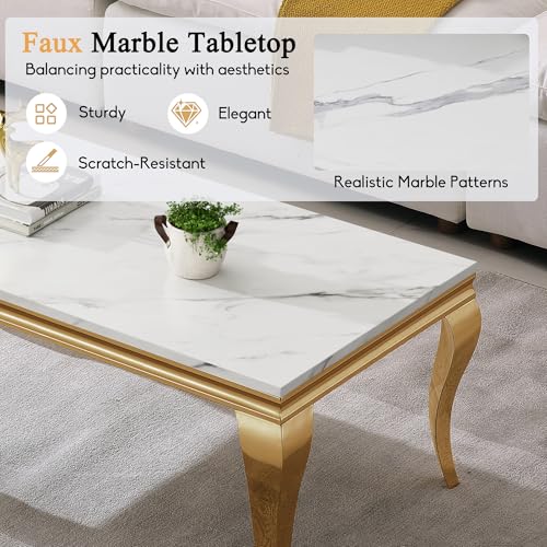 Image of Luxury Coffee Table Set of 2, Rectangular Coffee Table with End Side Table, Modern 2 Piece Living Room Table Set with Faux Marble Top & Gold Stainless Steel S Legs for Apartment Home Office