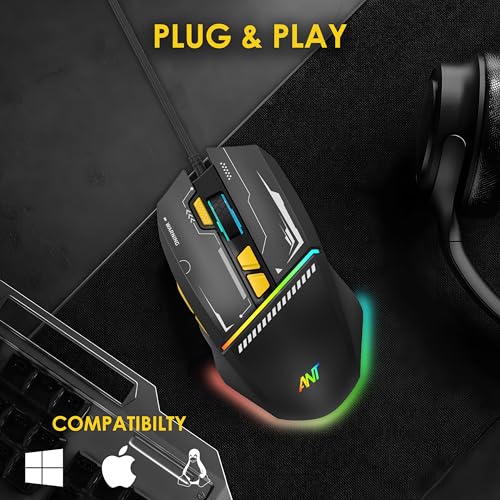 Image of Ant Ghost 50 RGB Gaming Mouse with12800 DPI Wired Optical Gamer Mouse with 8 Programmable Buttons & Software Support DIY Key Binding Fast Fire Button 1KHz Polling Rate - Black