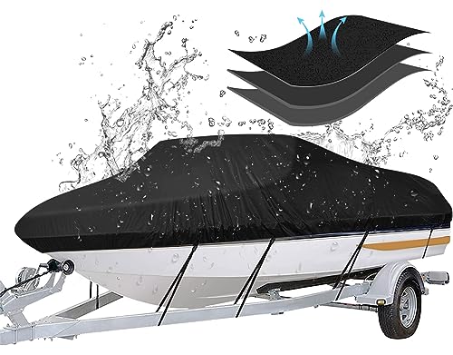 iCOVER Trailerable Boat Cover- 14-16 Heavy Duty Waterproof Tarp Covers Fits V-Hull Fish&Ski Pro-Style Fishing Runabout Bass Boats up to 14ft-16ft Long and 68 Wide
