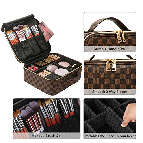 Cefrax Cosmetic Travel Bag Makeup Bag For Women Hand-Portable Pu Leather Waterproof Cosmetic Bag With Adjustable Dividers Toiletry Bag Artist Storage Bag（Checkered） #TOP4