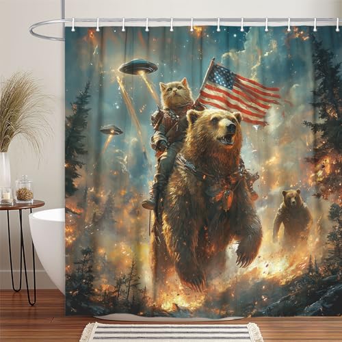 Image of Funny Bear Shower Curtain for Boys Kids, Cool Cat Riding Bear on Rustic Cabin Forest Woodland Hilarious Shower Curtains, Funky Anime UFO Spaceship Animal Bath Curtain Fabric 12PCS Hooks, 70X75IN