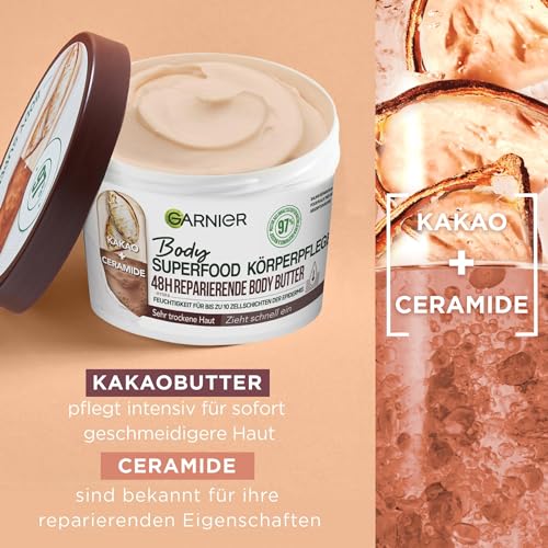 Garnier Reparierende Körperpflege für trockene Haut, Body Butter mit Kakaobutter und Ceramiden, Für bis zu 48 Stunden Feuchtigkeit, Body Superfood, 1 x 380 ml – Bild 3