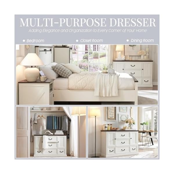 Farmhouse 5 drawers dresser for bedroom wood rustic storage organizer closet chest chest of drawers wgroove barn doorshelf for closet living room dining room hallway white  urban country home decor