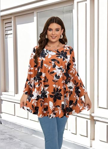 Womens Tunic 3/4 Sleeve Plus Size Tops Crew Neck Swing Flowy Loose Fit T-Shirt Blouses to Wear with Leggings2