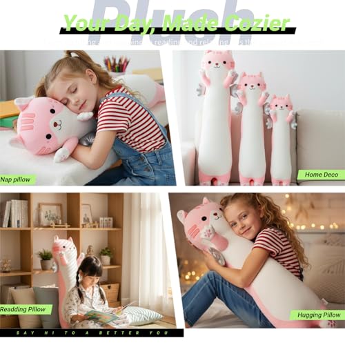 Image of Long Cat Plush Pillow, Cute Cat Stuffed Animal Body Pillow with Wings, Soft Kawaii Kitty Hugging Pillow, Christmas Valentine's Birthday Gift for Kids Girls Boys (Pink, 60cm /23.62in)