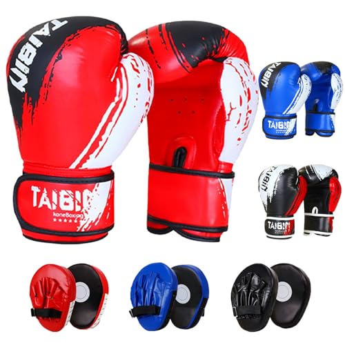 2 in 1 Kids Boxing Set for 3 to 10 Years 6 oz Kids Boxing Gloves and Boxing Pads Sparring Training Boxing Gloves for Punching Bag Kickboxing Gift for Boys and Girls (Red)