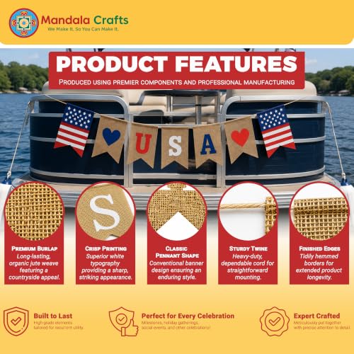 Image of Mandala Crafts Burlap USA Banner Garland for 9 /11 Patriot Day & Labor Day | American Flag Jute Pennant Bunting, Pre-Strung Patriotic Decor for Citizenship Parties, Civic Events & Day of Remembrance