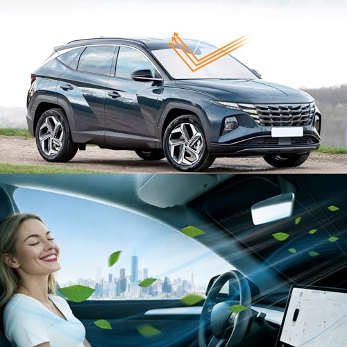 Image of Windshield Sun Shade for 2022 2023 2024 2025 2026 Tucson Hyundai | Foldable, Full covered for windshield, Block UV Rays, Heat Reduction, Easy to install, Keeps Car Cooler