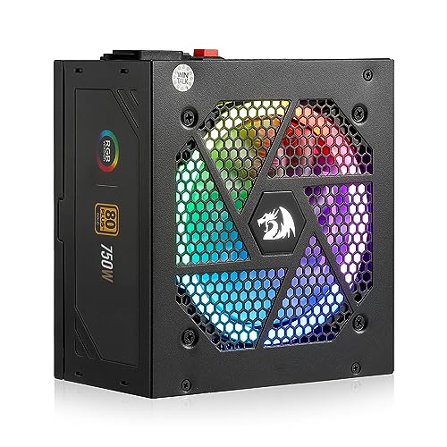 Image of Redragon RGPS-750W 80+ Gold 750 Watt ATX Fully Modular Power Supply w / 80 Plus Gold Certified, Compact 160mm Size & RGB Low Noise Smart-ECO 0 RPM Fan, 100% Japanese Capacitors, Full Mod Cables, Black