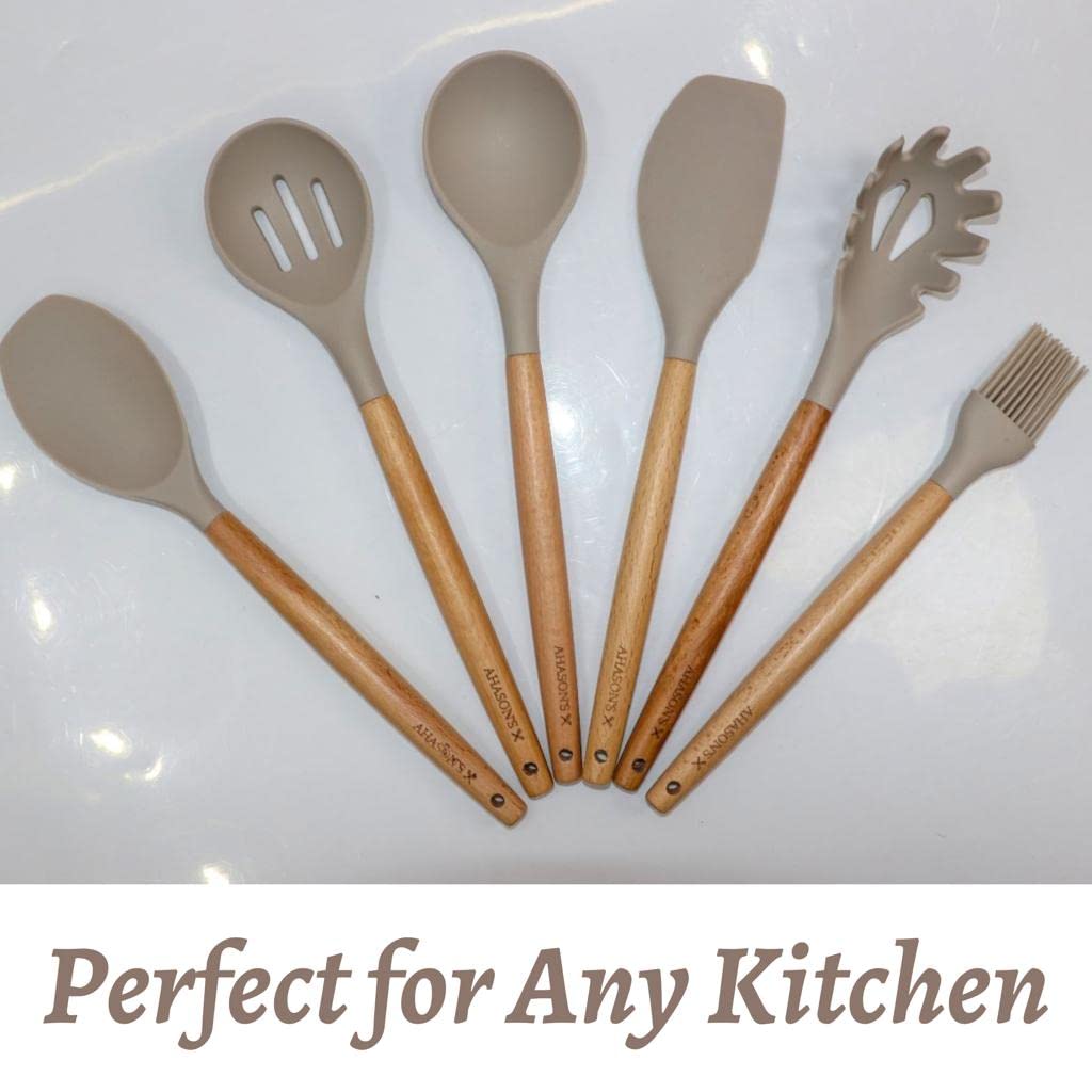 AHASON'S Set di utensili da cucina in silicone resistenti al calore 230°C-230°C, pinze per tornitore, cucchiaio, spatola, pennello, frusta con supporto, utensili da cucina, set di strumenti per