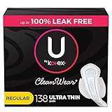 U by Kotex CleanWear Ultra Thin Feminine Pads with Wings, Regular Absorbency, 138 Count (3 Packs of...