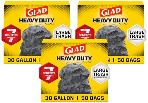 Image of Glad Large 30 Gallon Trash Bags,Unscented Heavy Duty Garbage Bags,Forceflex with Drawstring,(Packaging May Vary), 50 Count (Pack of 150)