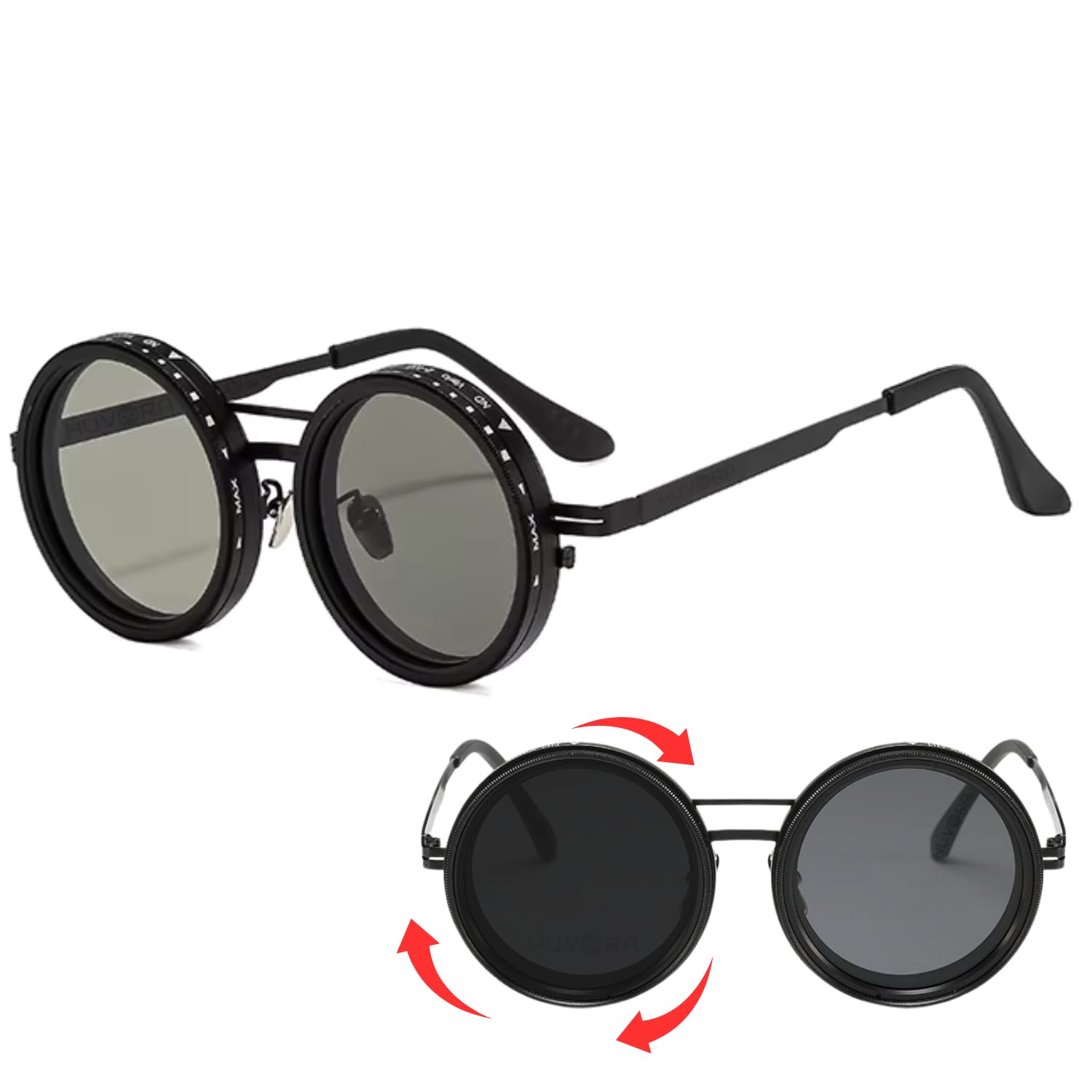 Adjustable Tint Rotating Polarized Round Sunglasses for Men Stylish, Anti Glare Lenses 1-11 Gear UV400 Protection Metal Goggles for Driving Beach Retro Branded Sun Glasses