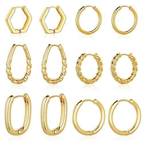 Image of Wgoud 6 Pairs Chunky Gold Hoop Earrings for Women, 14K Gold Plated Hoop Earrings Hypoallergenic, Thick Lightweight Twisted Huggie Hoops Earring Set for Women's Jewelry GIfts