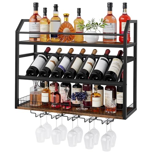 Image of Hoctieon Wall Mount Wine Rack, Wall Mounted Wine Bottle Rack for Display and Storage, Hanging Bottle Holder, for Living Room, Dining Room,Bar, Wine Cellar, Rustic Brown