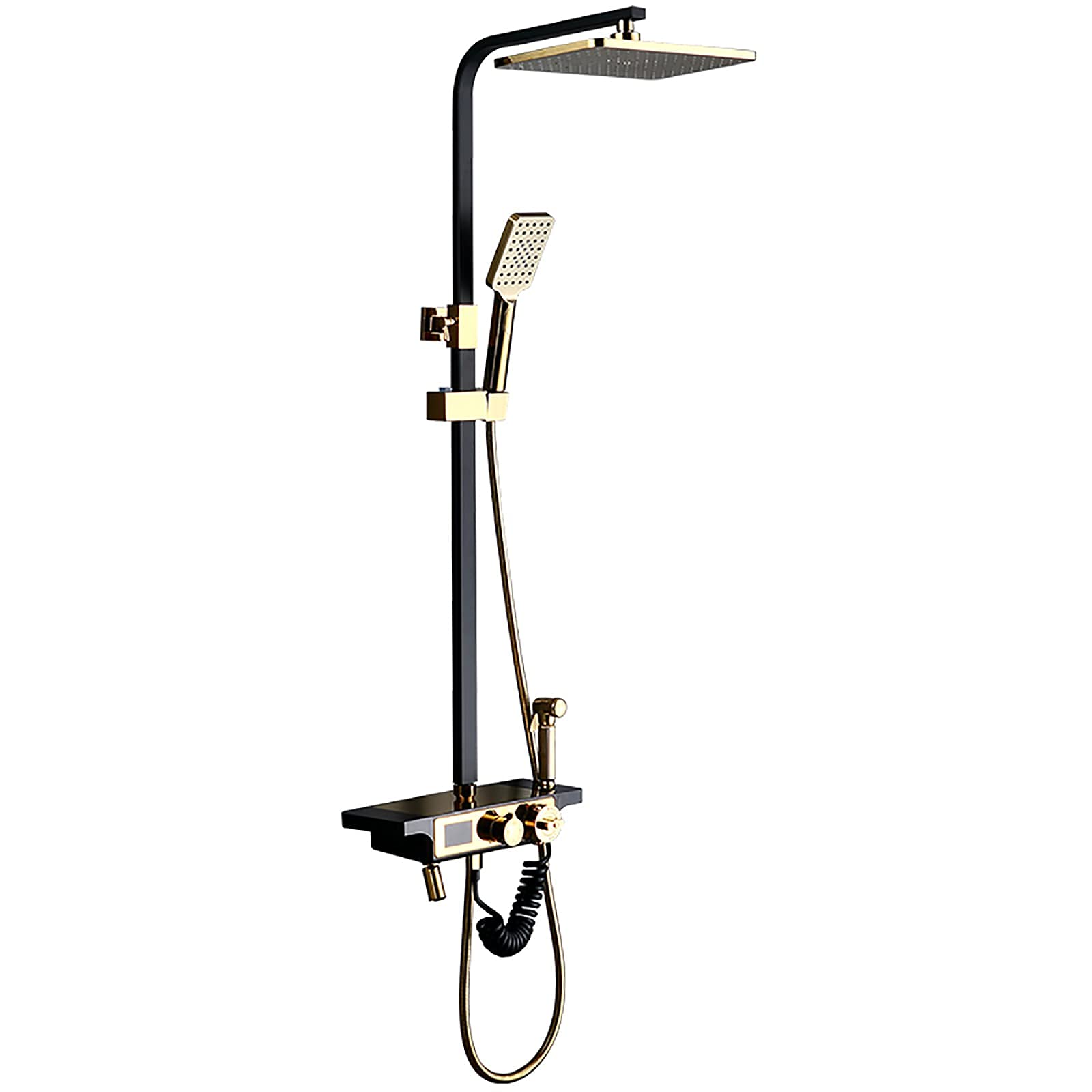 QUSYZD Thermostatic Shower Combo Set Gold and Black Bathroom Shower Faucet Set with Rainfall Shower Head, Handheld Shower, Bathtub Faucet, Bidet Spray, Digital Display,