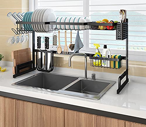 Abtropfgestell spüle Multifunktional, Küchen Organizer, Küchenutensilienhalter + Geschirrabtropfgestell + Schneidbretthalter + Becherhalter + Haken, Schwarz