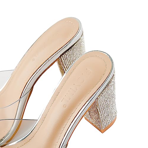 Women's Square Toe Rhinestone Heeled Sandals - Clear Chunky Slipper Mules Backless Slip on for Parties Weddings Nightclub3