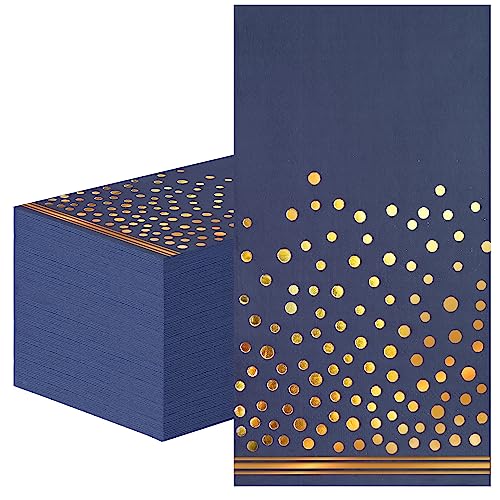 100 Pcs Blue Paper Napkins Disposable - Blue Gold Dot Party Napkins Navy Blue Dinner Napkins for Wedding Anniversary Birthday Bathroom Party Supplies