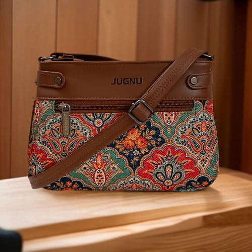 Image of JUGNU Sling Bag for Women, Jute Fabric, Crossbody Style, Slim Design, Multicolour, Medium Size, Lightweight, Adjustable Strap, Zipper Closure, 5 Pockets